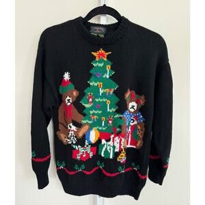 Vintage 90s Charter Club Teddy Bear w/ Chrismast Tree Sweater Size S Hand Knit
